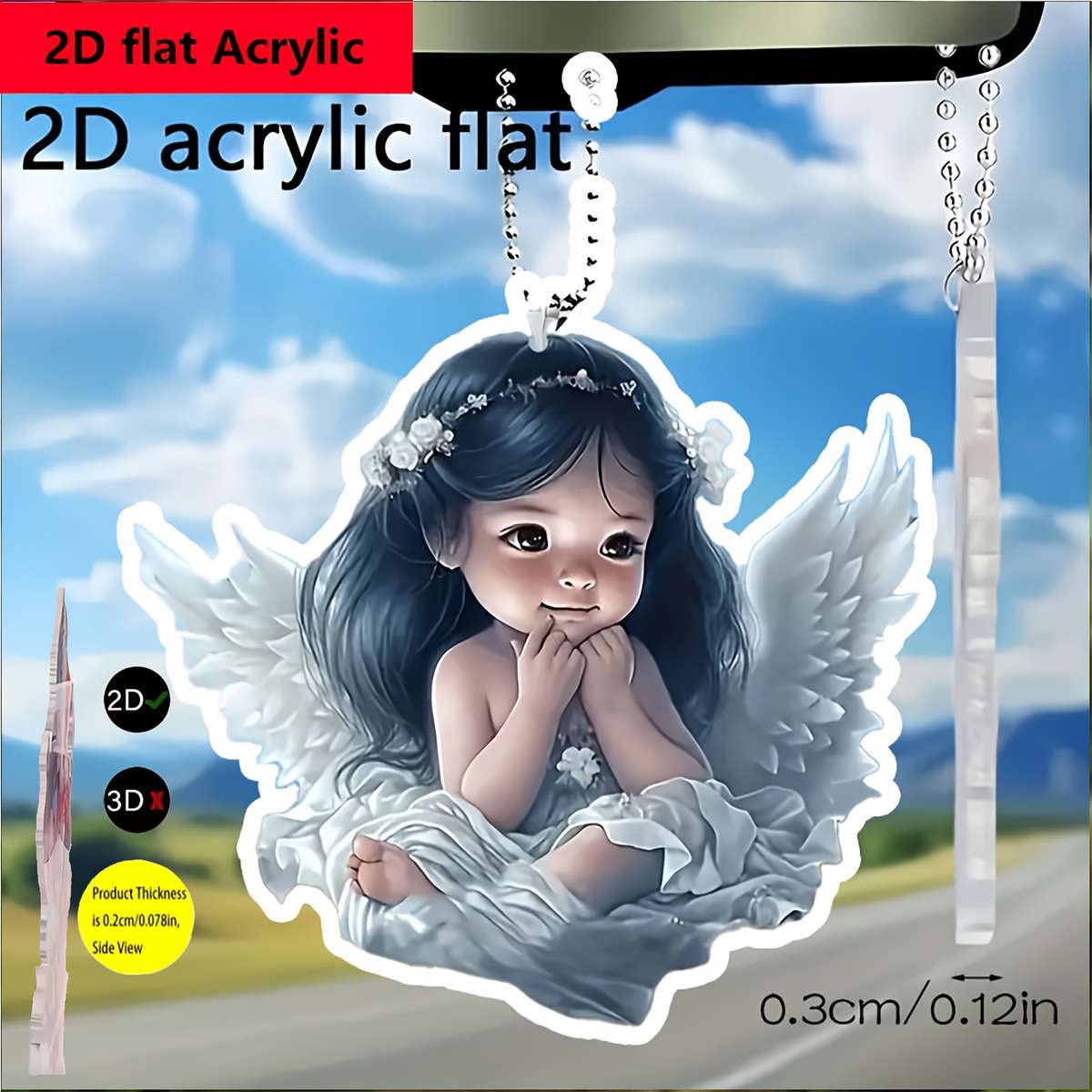 2D Flat Angel Wing Acrylic Pendant Floral Crown Serene Angel Design 0.3cm x 0