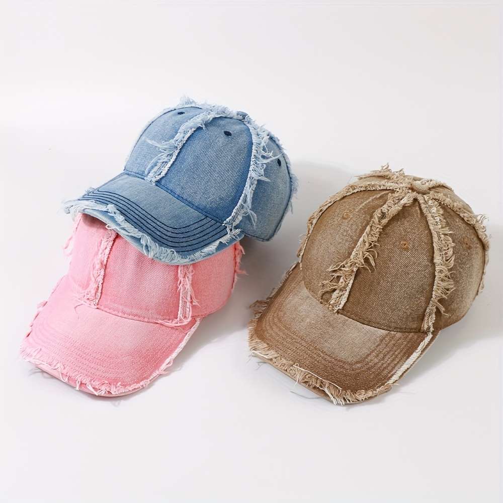 1 Trendy Two-Toned Baseball Cap with Distressed Frayed Brim Adjustable Dad Hat for Sun Protec