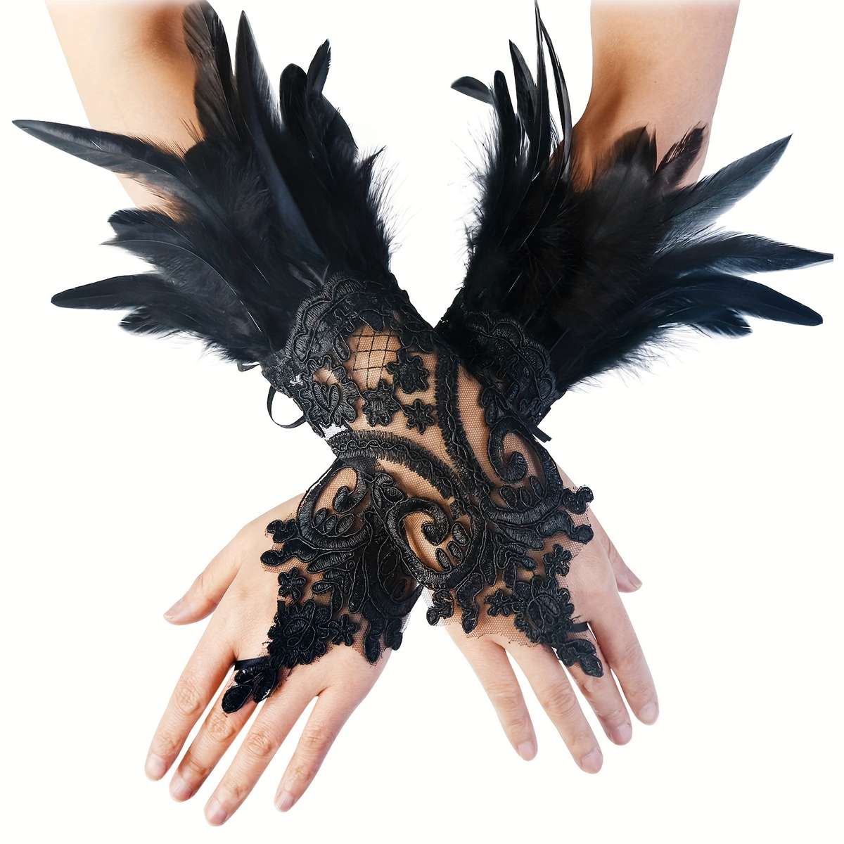 1 Pair Red Lace Faux Feather Gloves