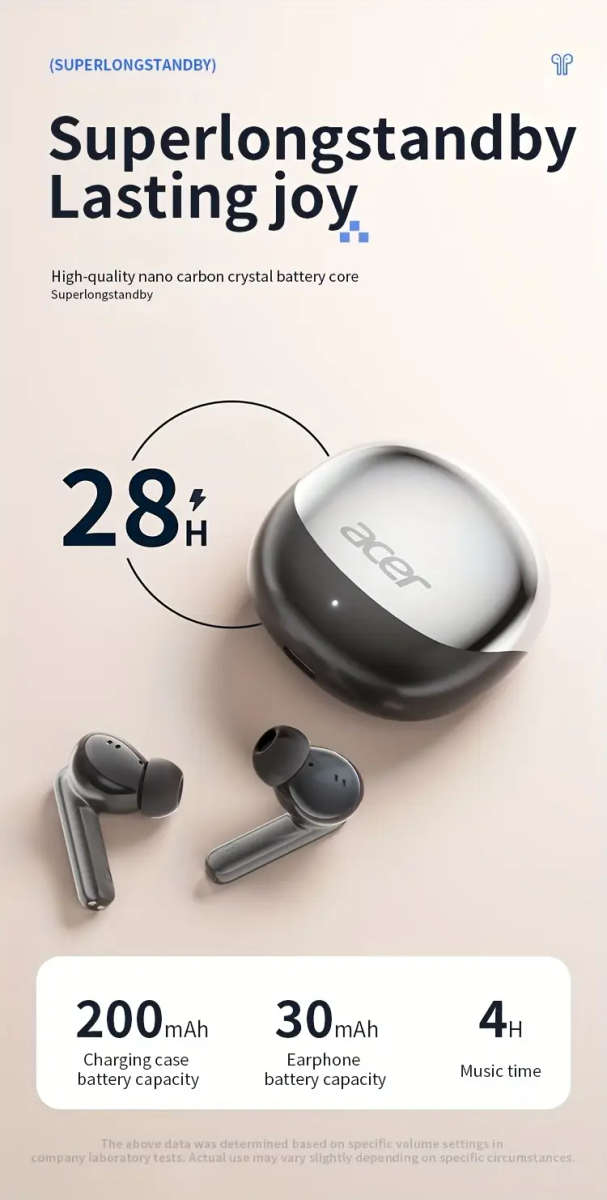 Acer TWS Wireless Earphone with Subwoofer Stereo + Noise Cancellation