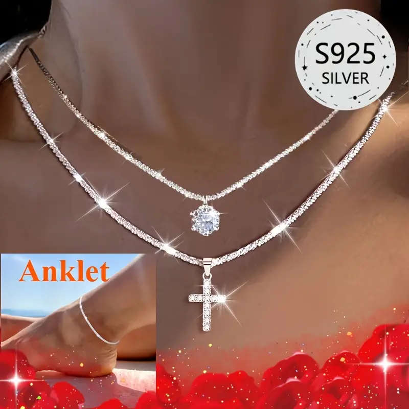 3 Piece  925 Sterling Silvery Cross Necklace, Sparkling Synthetic Zirconia Necklace and Shimmerin