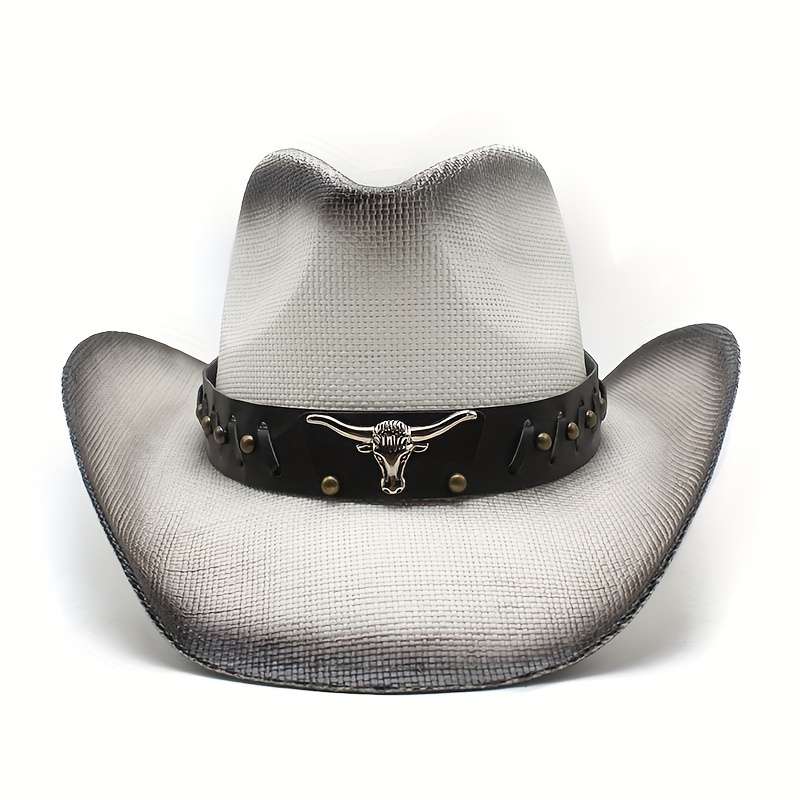 1pc Vintage Western Cowboy Hat with Intricate Silvery Horse Buckle Decor Black Faux Leather B