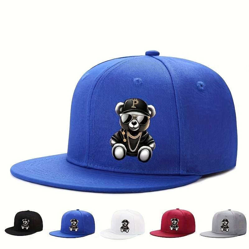 1pc Adjustable Hip-Hop Baseball Cap with Cute Bear Pattern Sun Protection Lightweight Flat Brim