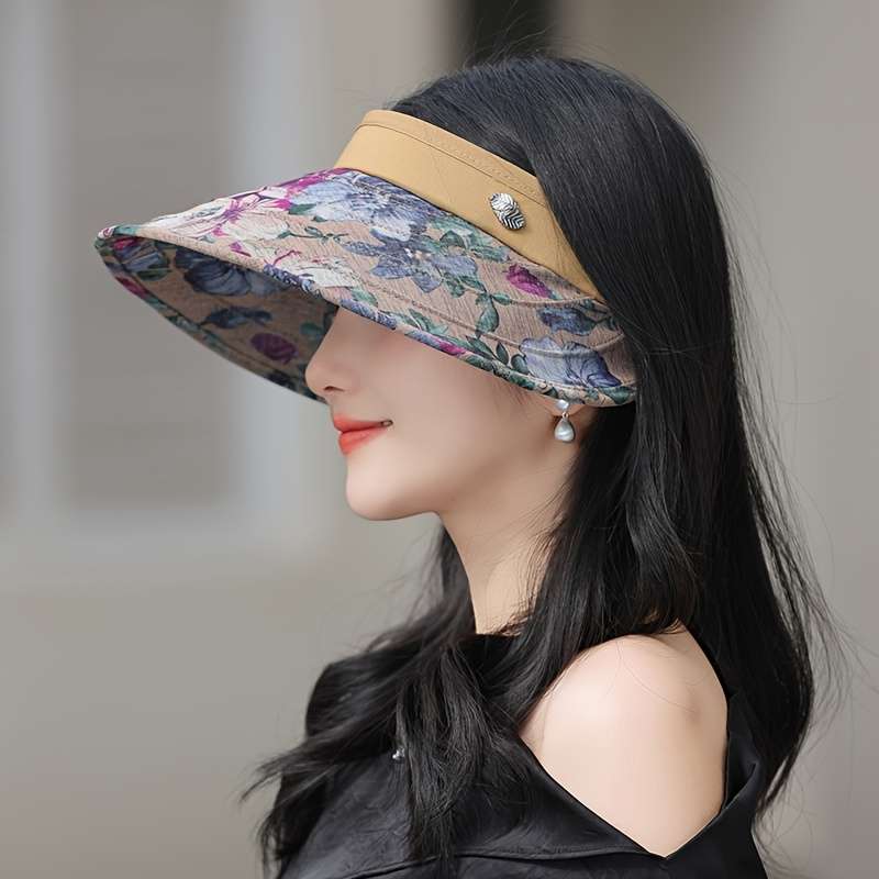 1pc Women's Floral Sun Visor Hat Wide Brim Polyester Cap with Open Top Design Adjustable Brea