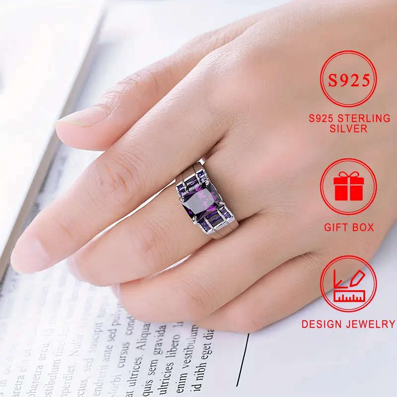 925 Sterling Silver Ring with Square Purple Synthetic Zirconia