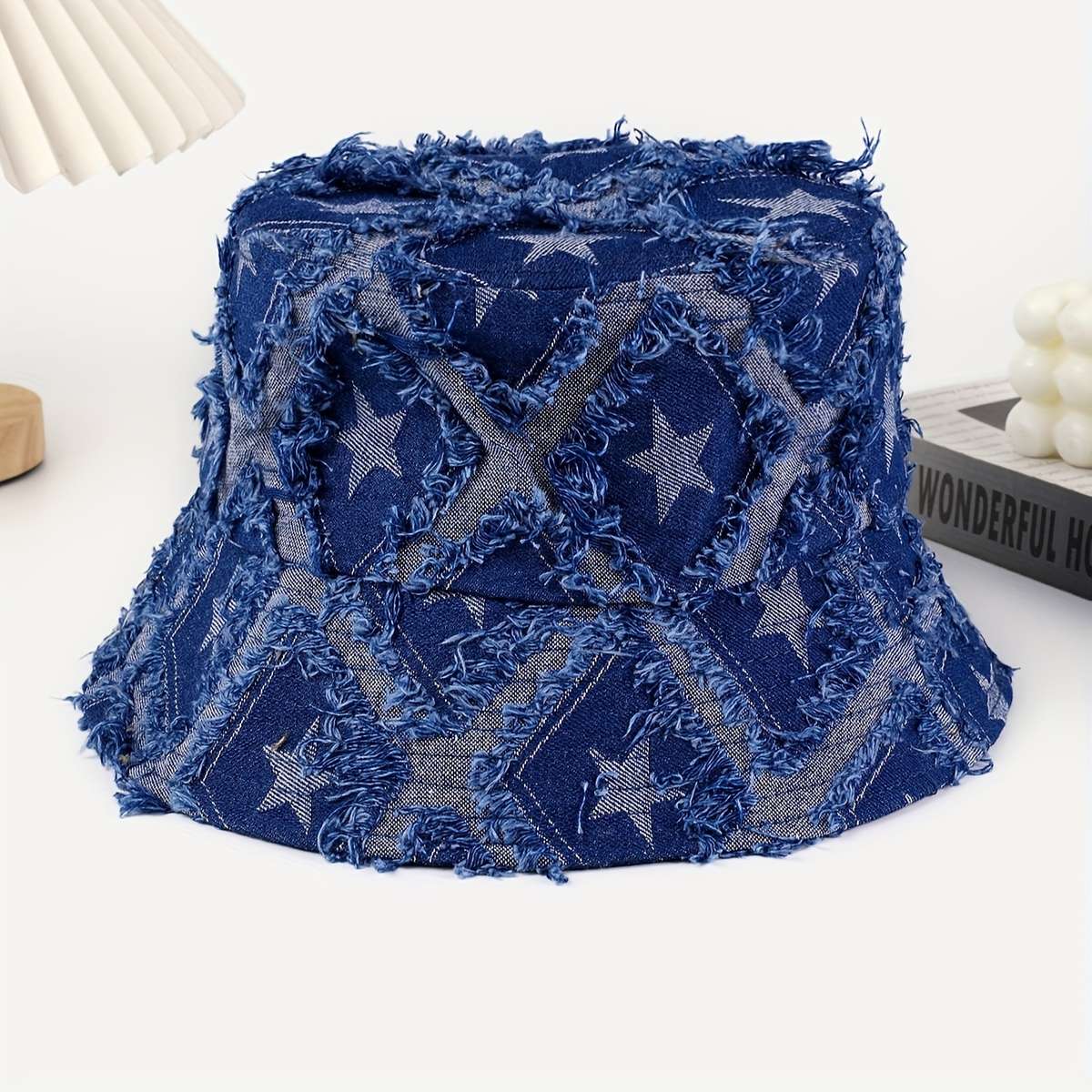 1pc Distressed Star-Patterned Denim Bucket Hat Foldable Sun-Protective Outdoor Cap for Men Wom