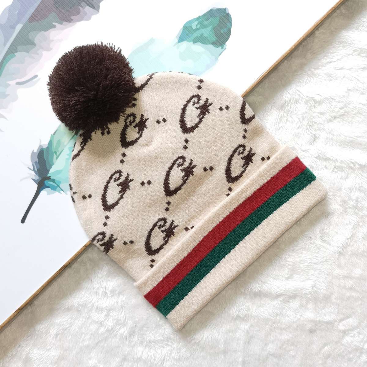Y2K Polyester Knit Beanie Double-Sided Patterned Striped Turn-Up with Pom-Pom Unisex Fash