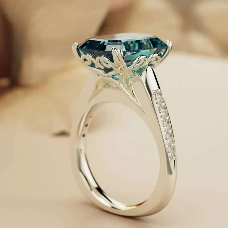 Elegant Green Cubic Zirconia Ring, Fashion Cut Square Shape