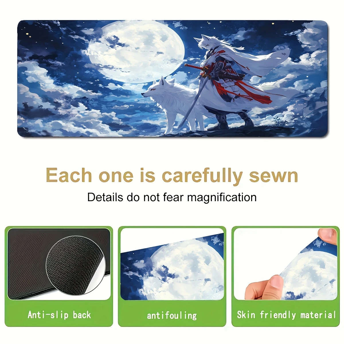 1pc 40x90cm Full Moon Night Fox Warrior Style Rubber Non-Slip Mouse Pad
