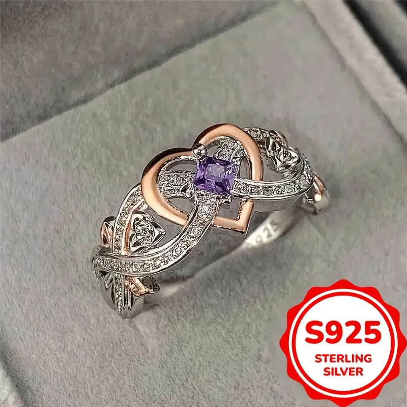 925 Sterling Silvery Infinity Heart Ring with Purple Synthetic