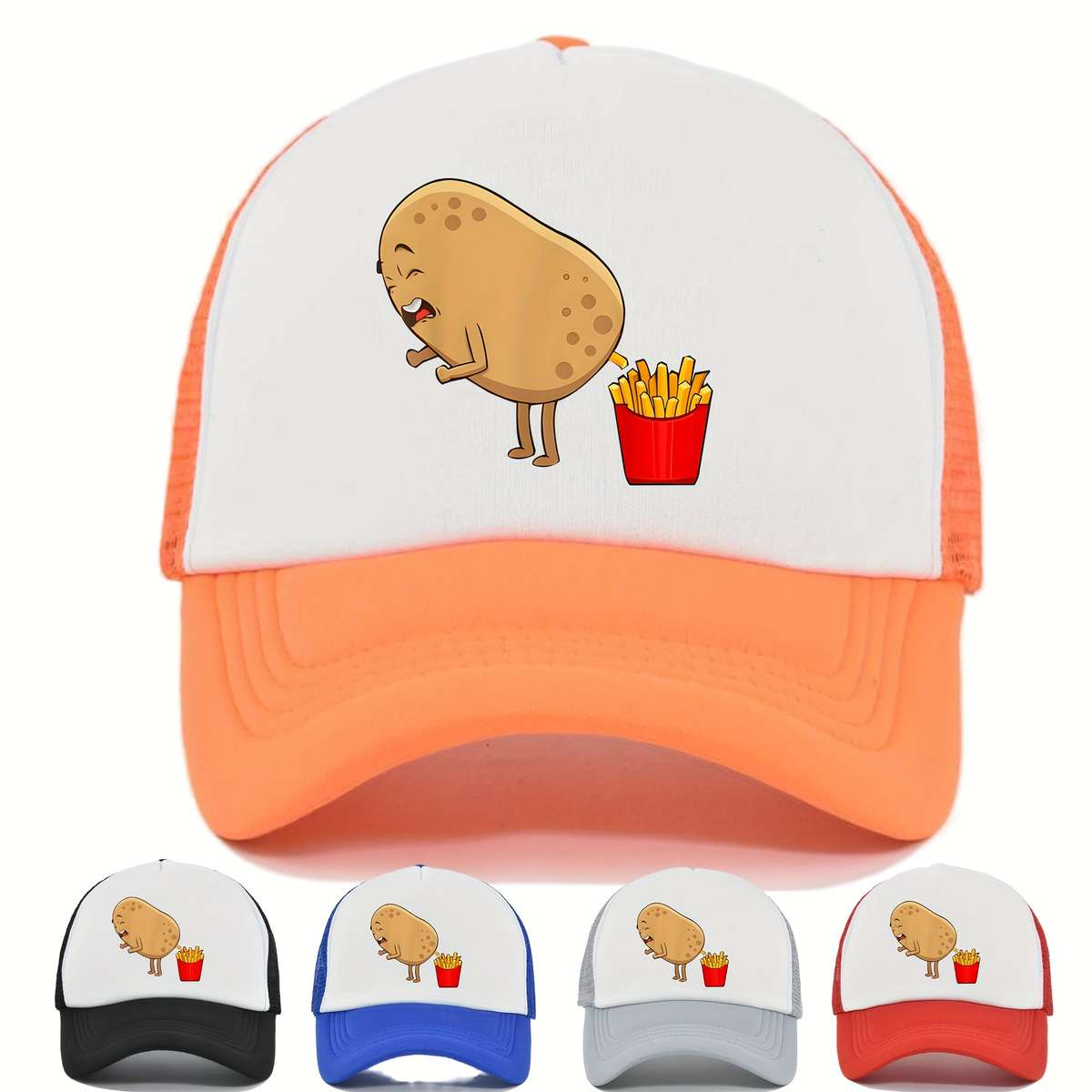 1pc Funky French Fries Cartoon Print Snapback Hat Breathable Polyester Mesh Trucker Cap with Colo