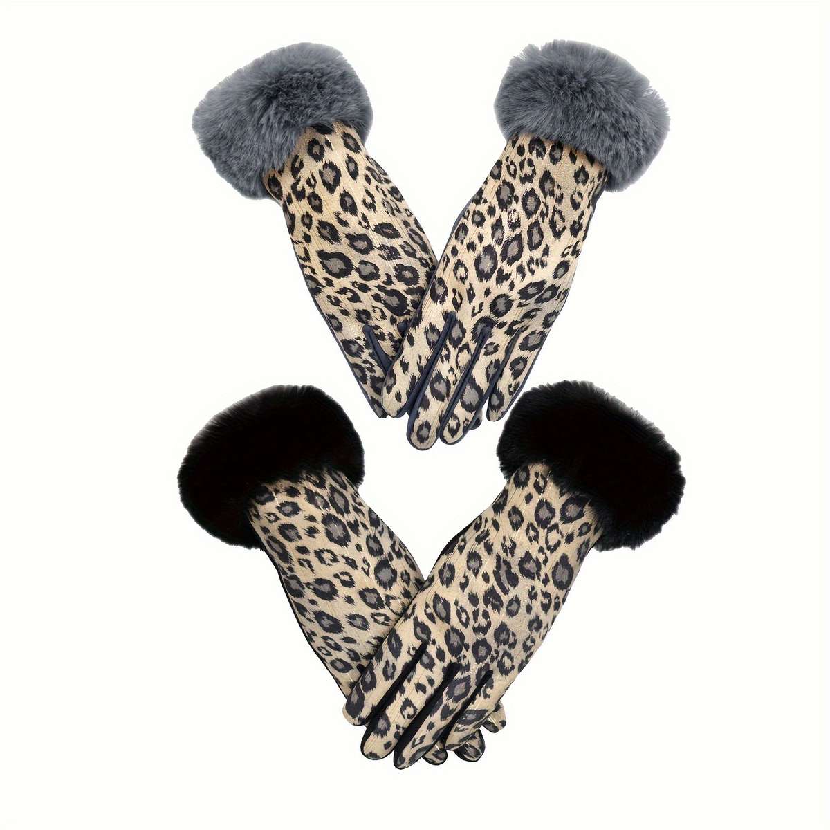 1 Pair Leopard Print Hair Mouth Pink Brown Warm Gloves