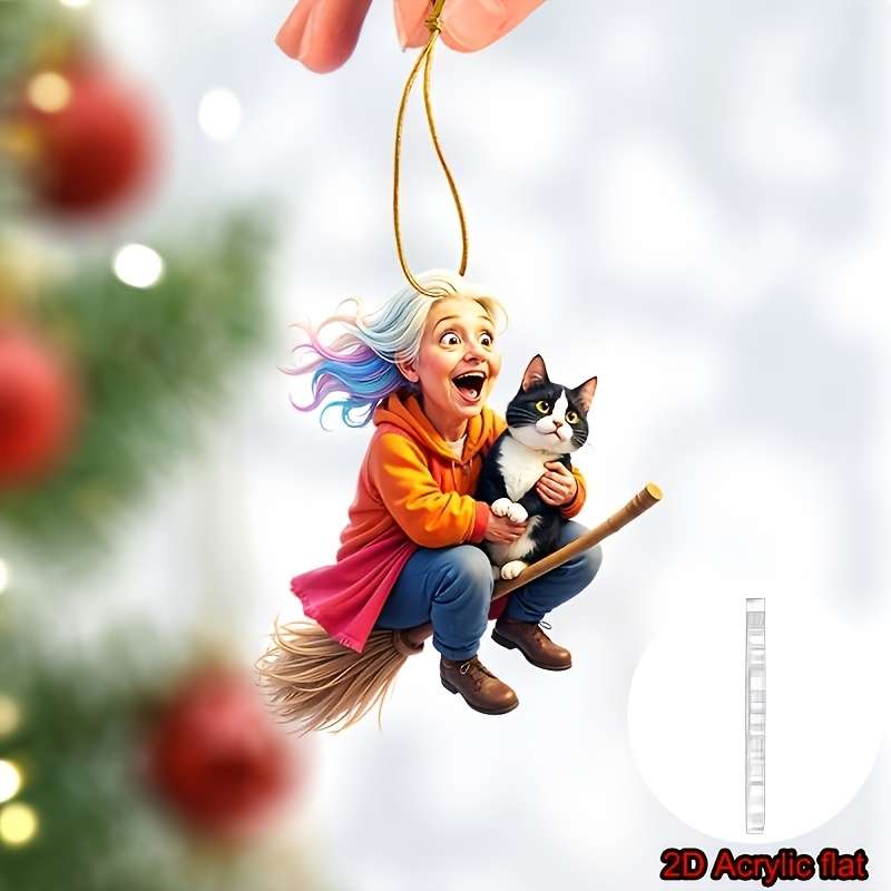 1pc 2D Flat    Whimsical Acrylic Ornament- Grandma on a Broom with a Cat  Perfect for car