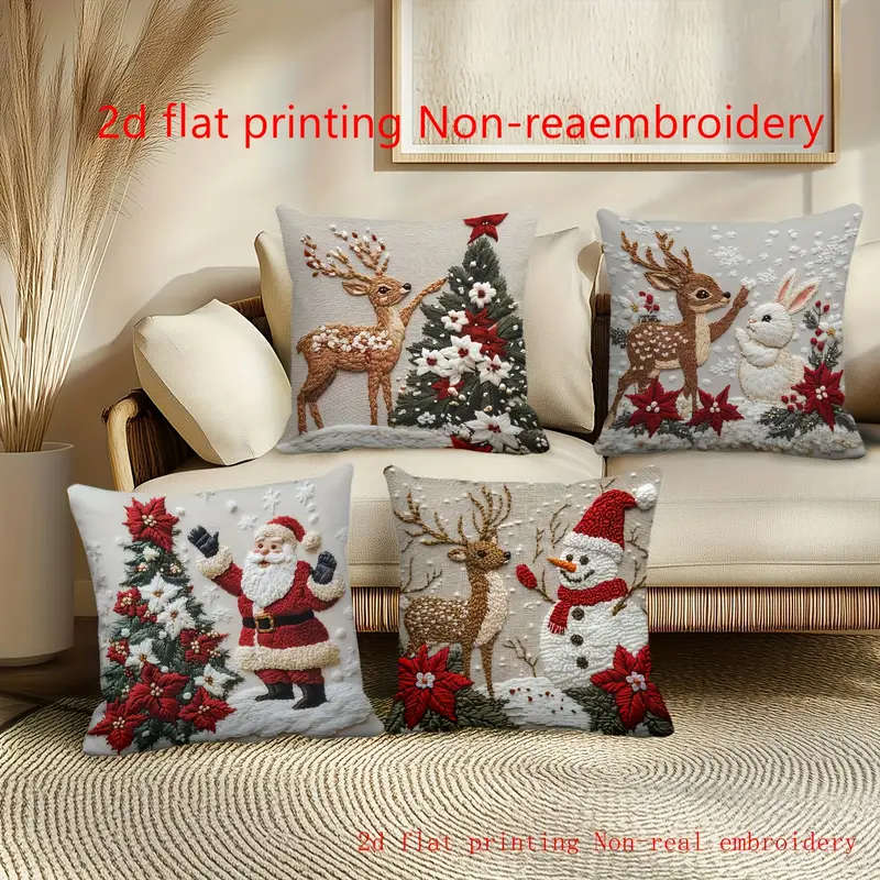 2D Flat-Printed 4 Christmas Decorative Pillowcases