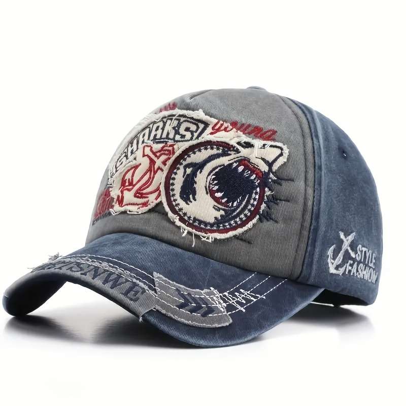 1pc Unisex Vintage Washed Baseball Cap with Shark Embroidery Adjustable Trucker Hat for Men Wom