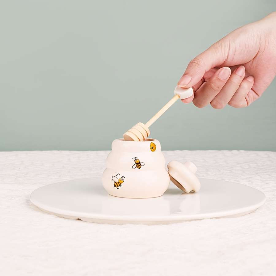 1pc Ceramic Bee Honey Pot with Handle Polished Metal Finish Square Pattern Creative Kitchen Spic