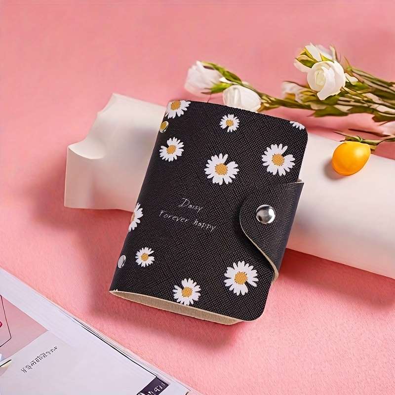 1pc 1 elegant and charming daisy mini card holder PU large capacity buckle closure multifuncti