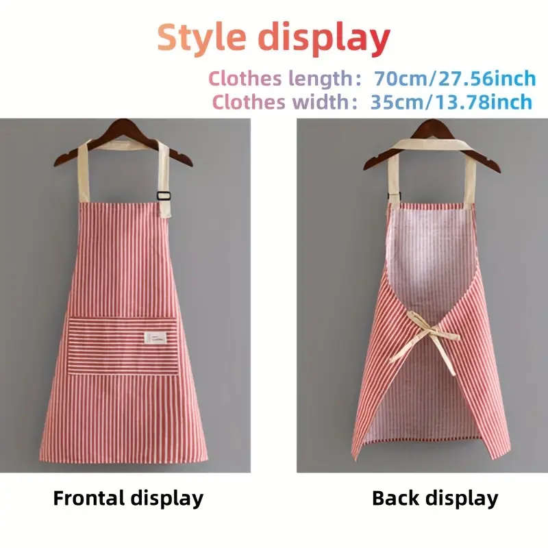 1pc Striped Polyester Apron with Pockets Breathable Waterproof Oil-Resistant Adjustable Neck Strap f