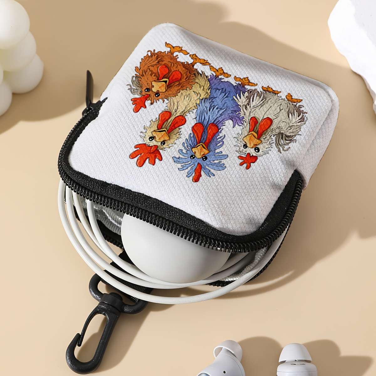 1pc Chic Cartoon Chicken Large Capacity Coin Purse with Key Holder Durable Polyester Multi-Funct