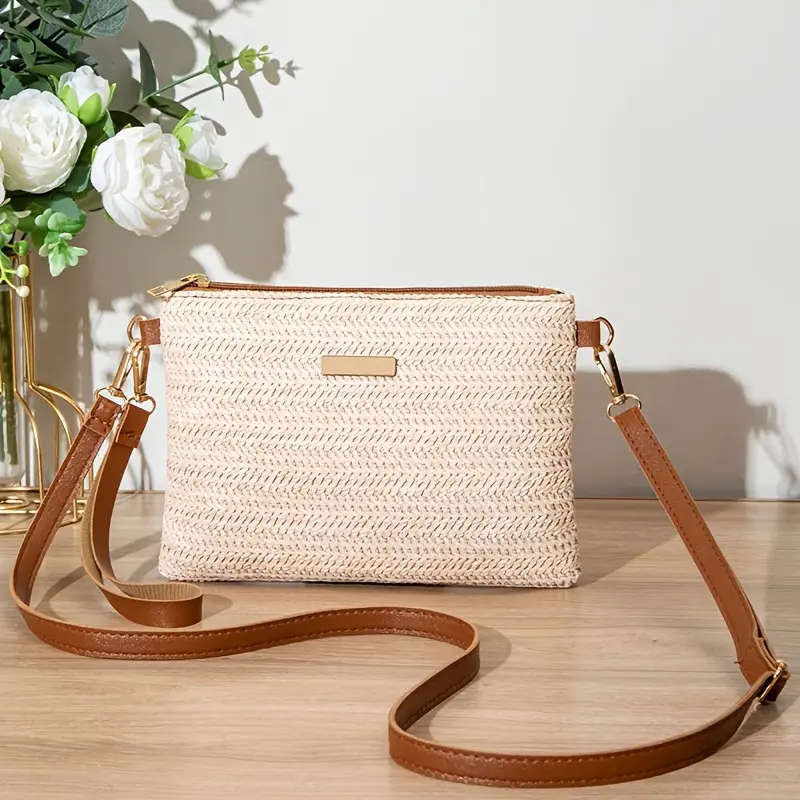 Straw Woven Handbag, Small Lightweight And Safe With Zipper Closure