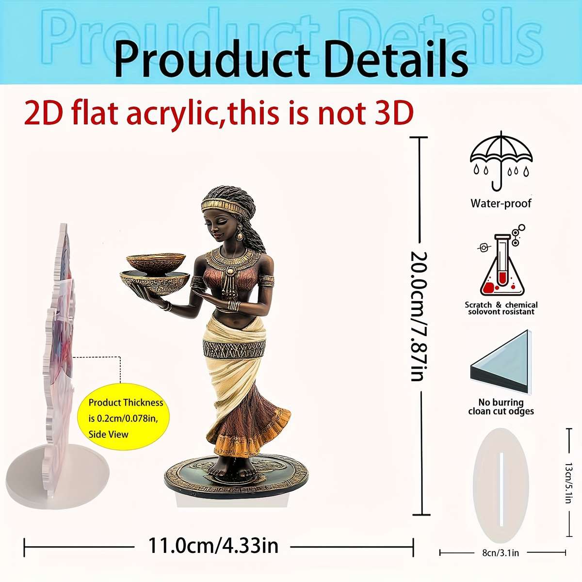 1pc 2D Flat  Elegant Bohemian African Lady Statue with Golden Accents  Acrylic Crystal Decoration In