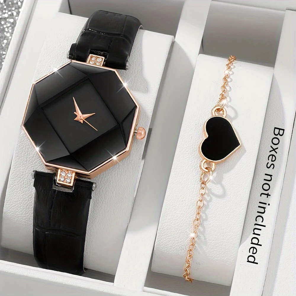 2pcs Set Elegant And Fashionable Women's PU Leather Strap Quartz Watch Exquisite Love Bracelet Suita