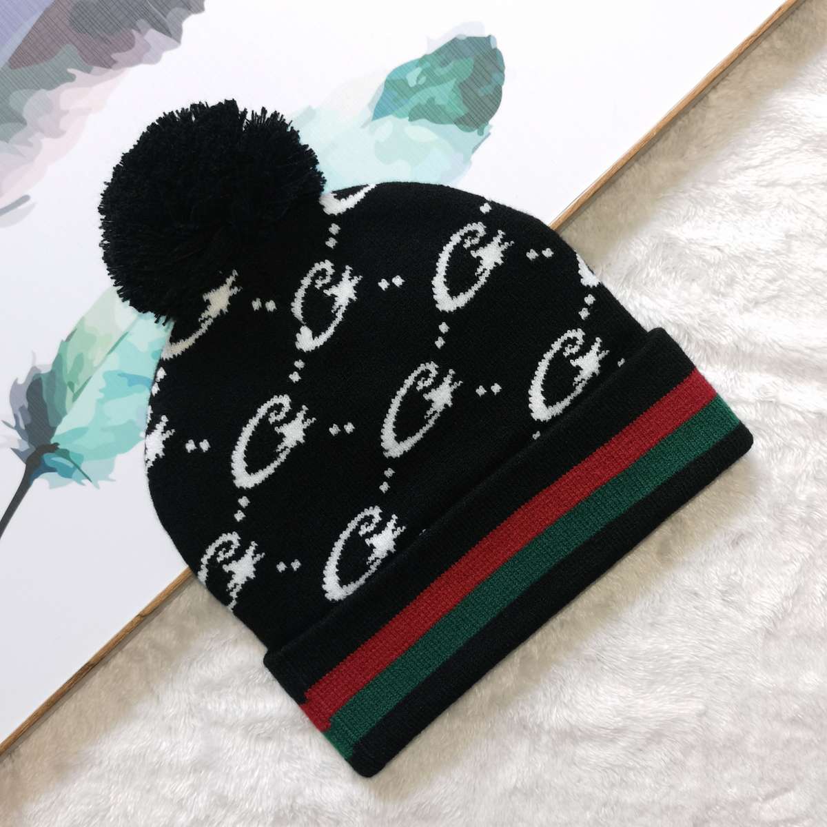 Y2K Polyester Knit Beanie Double-Sided Patterned Striped Turn-Up with Pom-Pom Unisex Fash