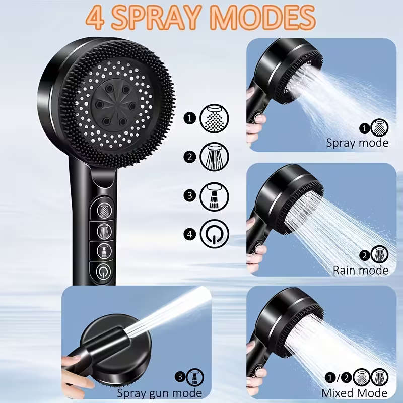 Handheld Pressurized Showerhead Four Spray Modes With 1.5Meter Reinforced Hose And Adjustable Bracke