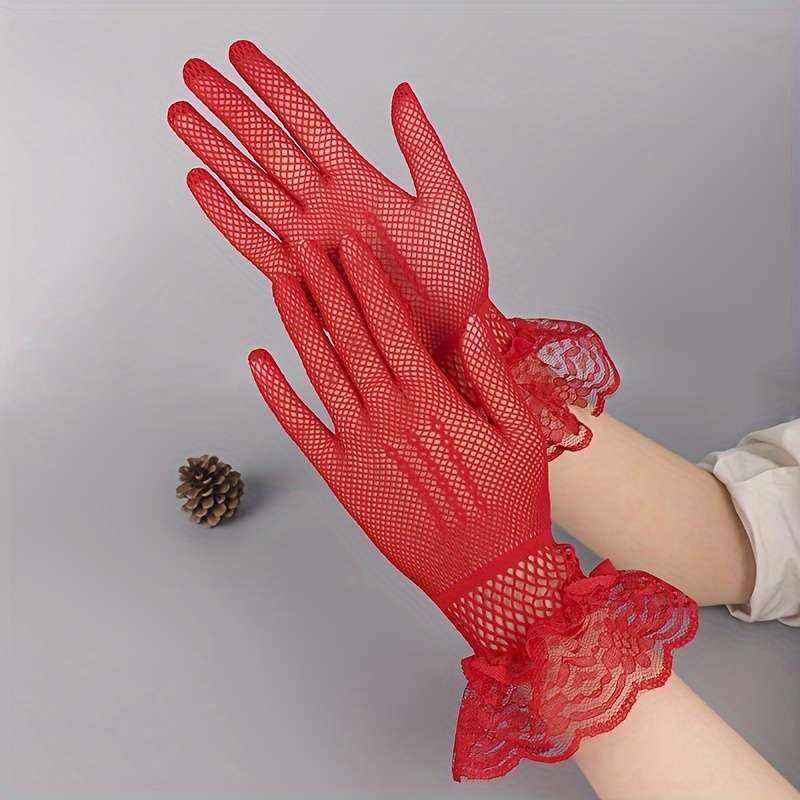 1 Pair Red Lace Short Gloves
