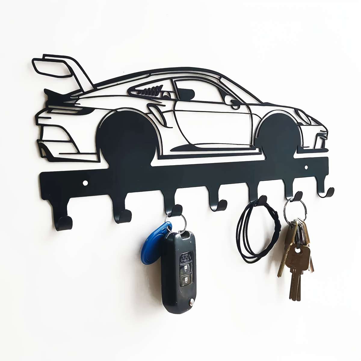 Black Metal Car Key Holder with 4 HooksStylish Sports Car Design for Keys Coats Towels Hats a