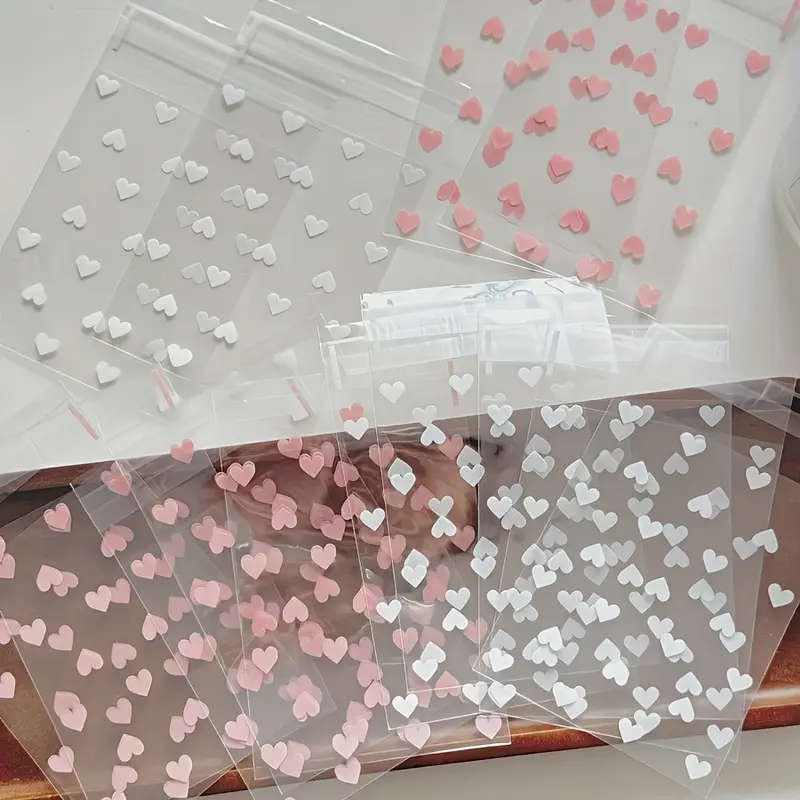 100-Pack Self-Adhesive Plastic Bags With Heart Pattern