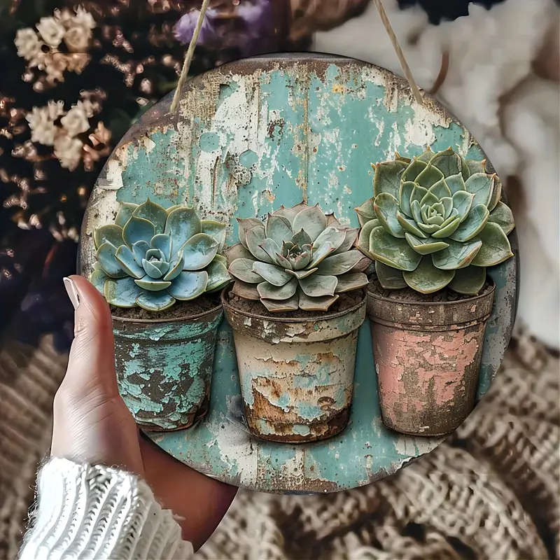 1pc Rustic Succulent Wooden Wall Hanging Distressed Blue Turquoise Art Decor with Realistic Succulen