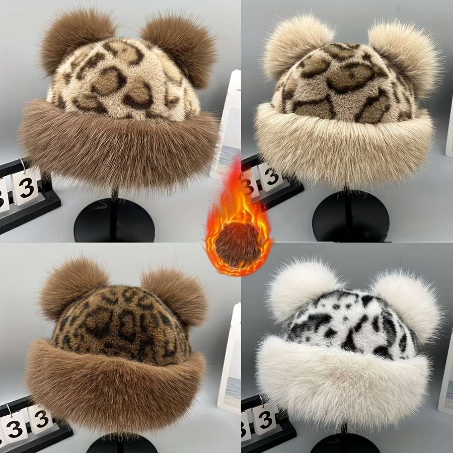 Thick Breathable Faux Fur Leopard Print Beanie With Bear Ears Chic Plush Hat