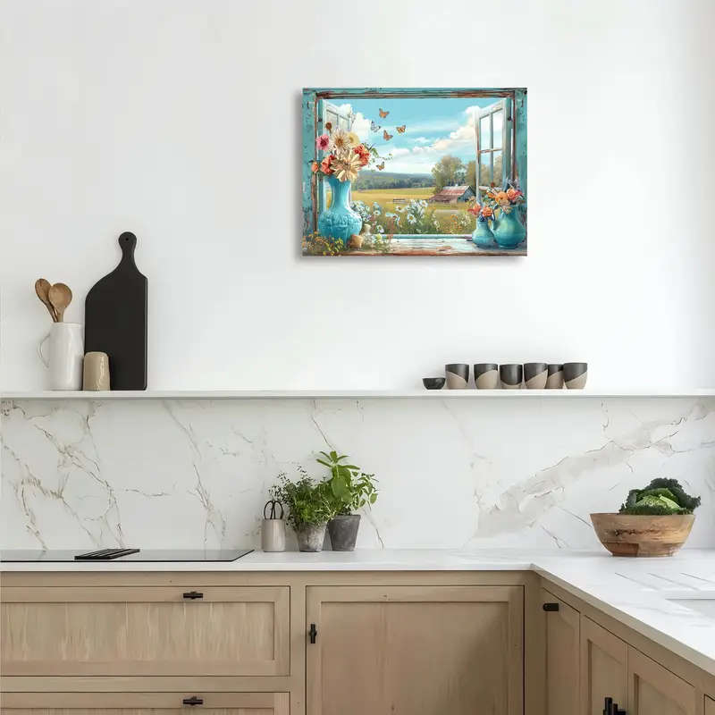 1pc Wooden Framed Canvas Painting Open the window view Wall Art Prints for Living Room Bedroom Kitch