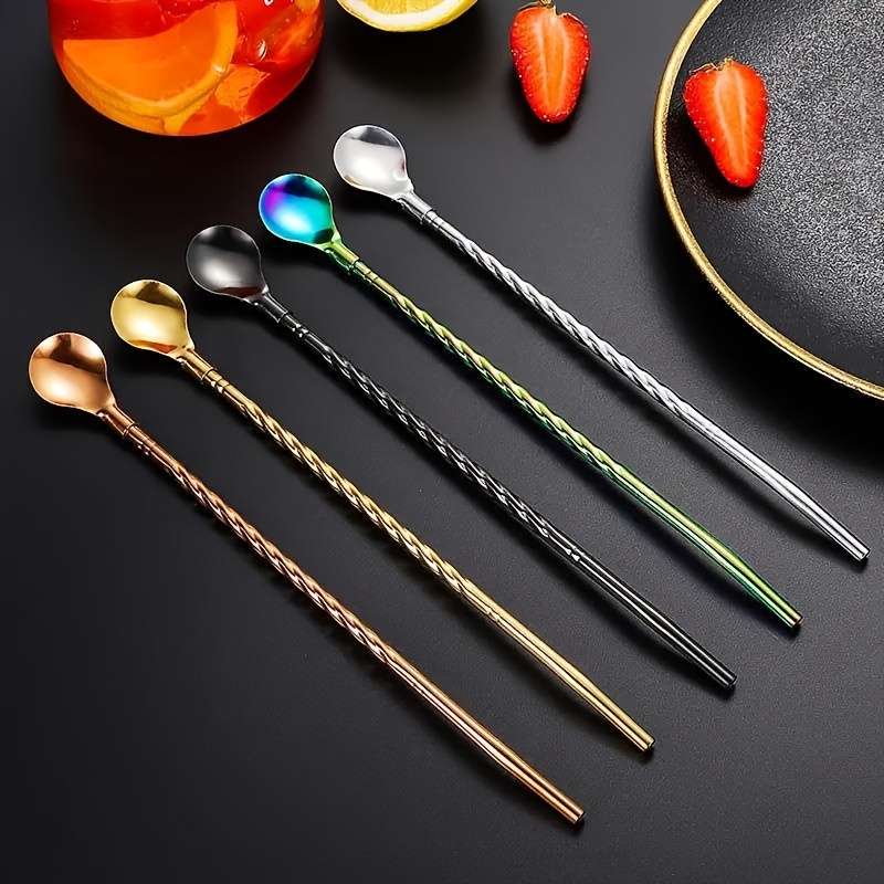 5pcs Dual-Use Long-Handle Iced Tea Spoon Stirring Spoon Stainless Steel Coffee Spoon Colorfu