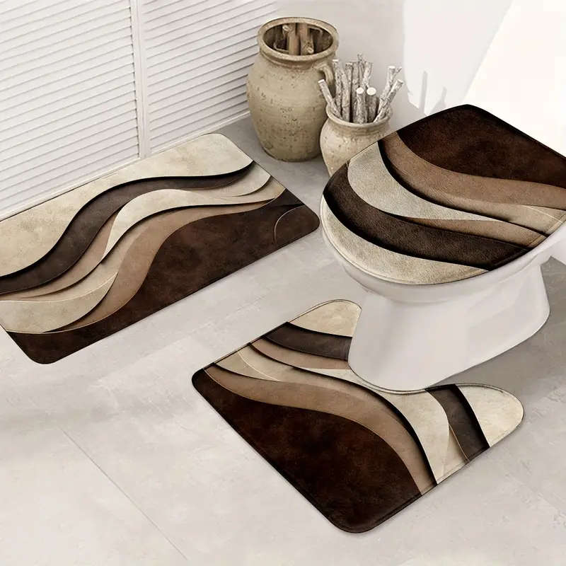 3 Piece Modern Abstract Wave Texture Bathroom Mat Set