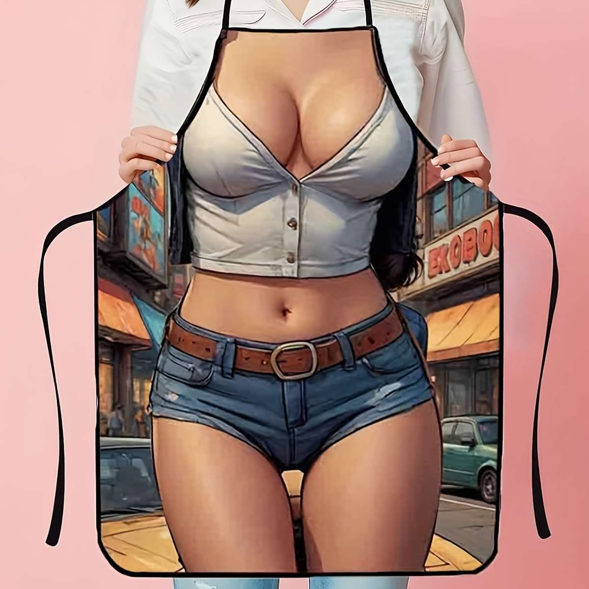 1pc White Denim Vest Print Kitchen Apron for Women Stylish Polyester Fabric with Neck Strap