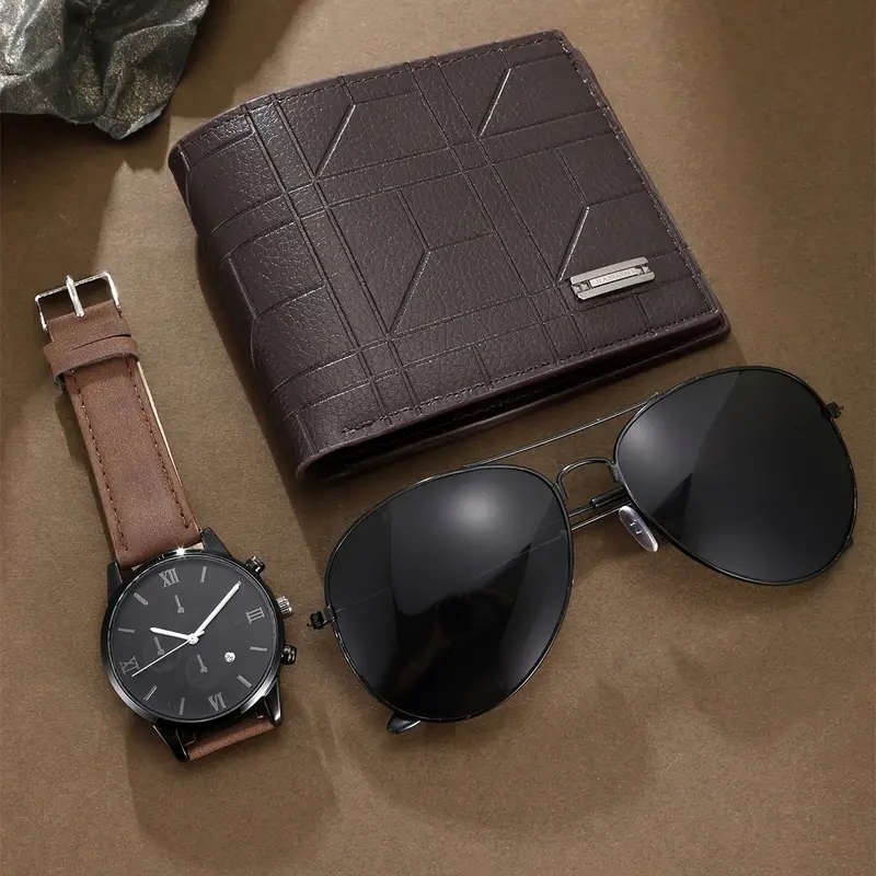 3pcs Men'S Gift Set Business Style Faux Leather Wallet Striped Pattern Hand Washable with Glasses an