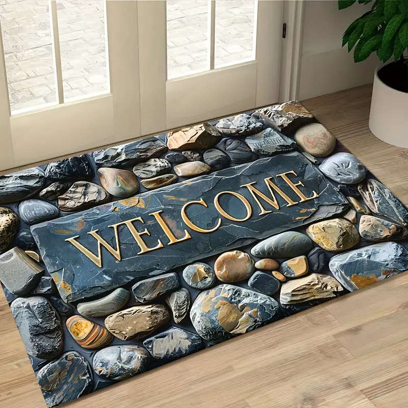 1pc Elegant Pebble Design Welcome Mat Stone Pattern Crystal Velvet Rectangular Rug Non-Slip Durable