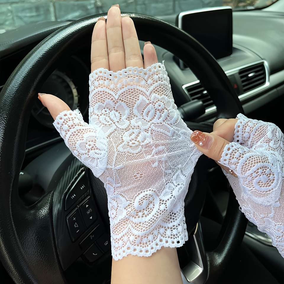 1 Pair White Floral Lace Fingerless Gloves