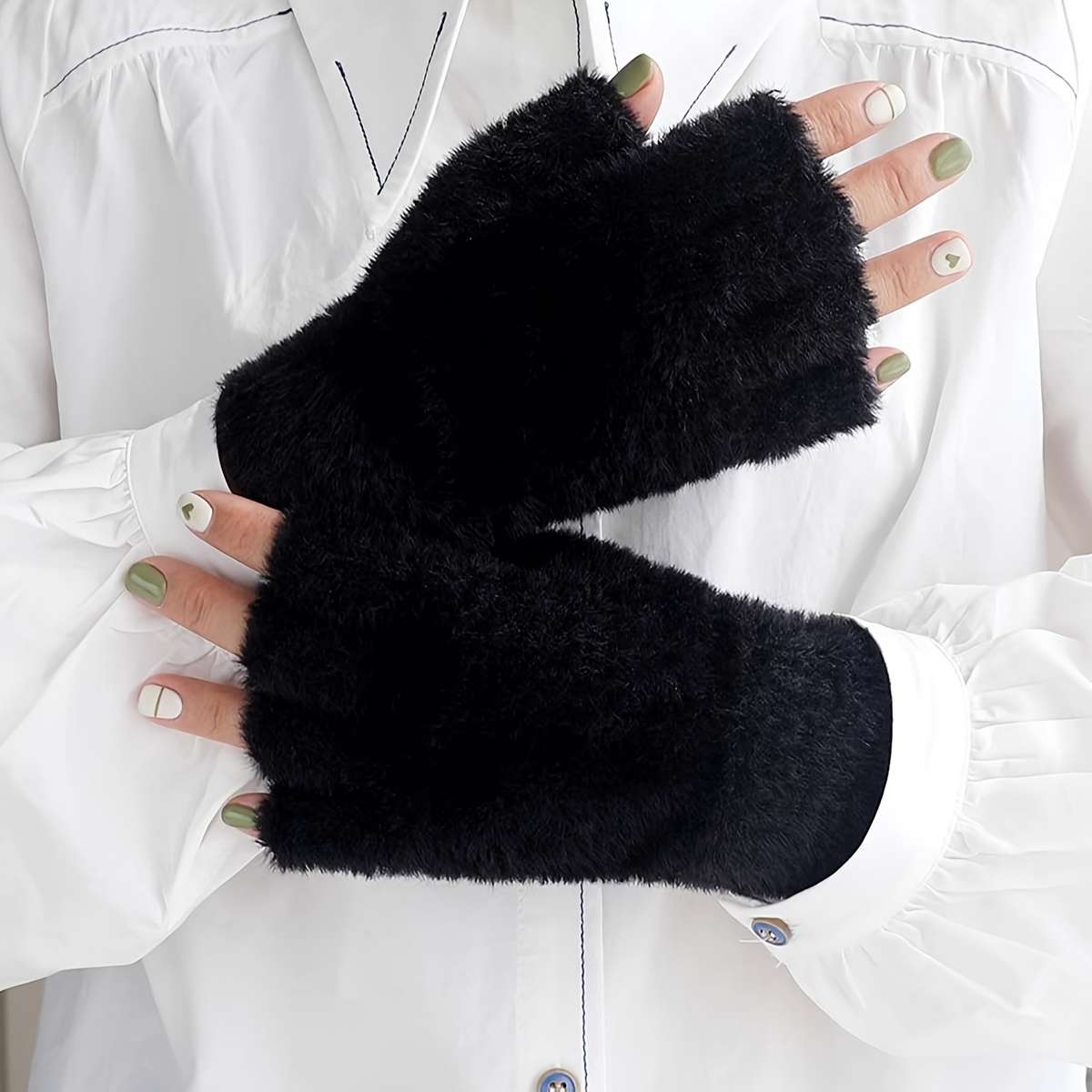 1 Pair Black Khaki One Size Warm Gloves