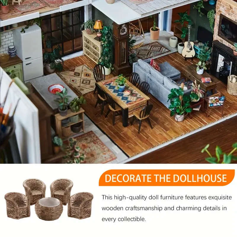 5pcs Miniature Bamboo Woven Furniture Set with Resin Crafted Figurines Ideal for Indoor Outdoor Deco