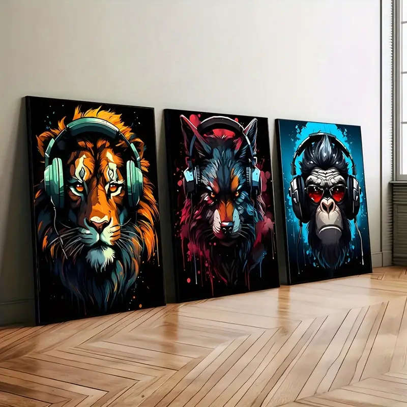 3 Piece/Set Unframed Modern E-sports style Wearing headphones Tiger Wolf Chimpanzee Painting