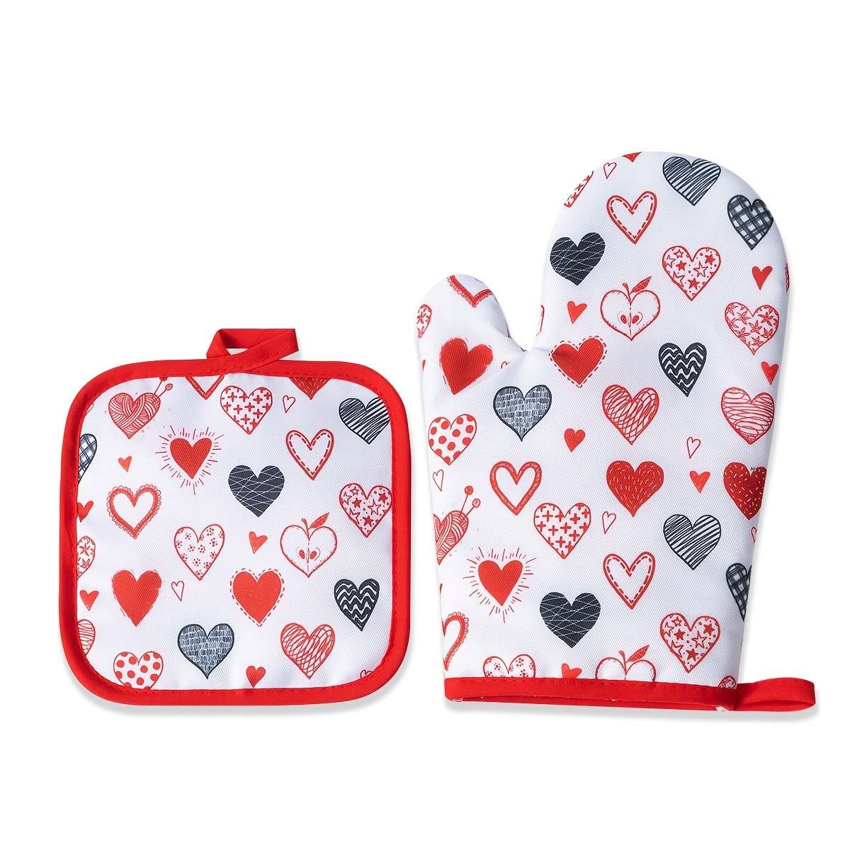 2pcs Valentine'S Day Kitchen Oven Gloves Set Polyester 100% Heat Resistant Baking Mitts Digit