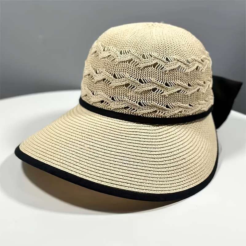 1pc Womens Stylish Summer Straw Sun Hat with Bowknot Breathable Foldable UV Protection Wi
