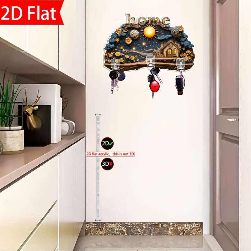 Bohemian Style 2D Acrylic Key Hooks for WallCharming Elderly Couple Design with "HOME" Sign 23.6
