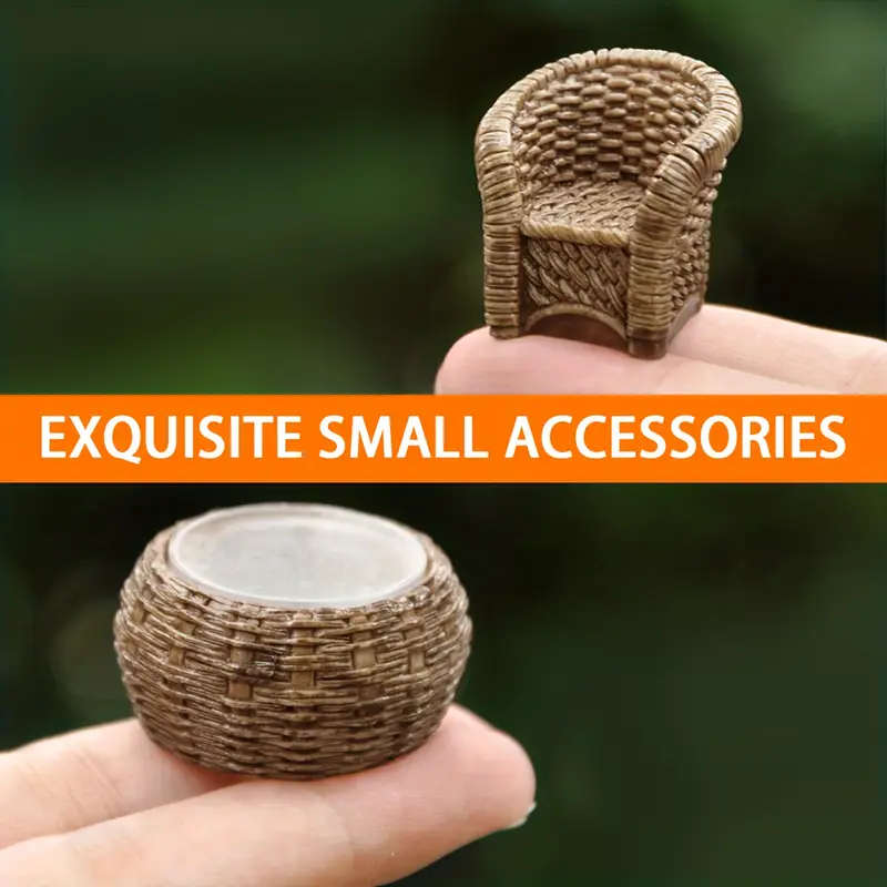 5pcs Miniature Bamboo Woven Furniture Set with Resin Crafted Figurines Ideal for Indoor Outdoor Deco