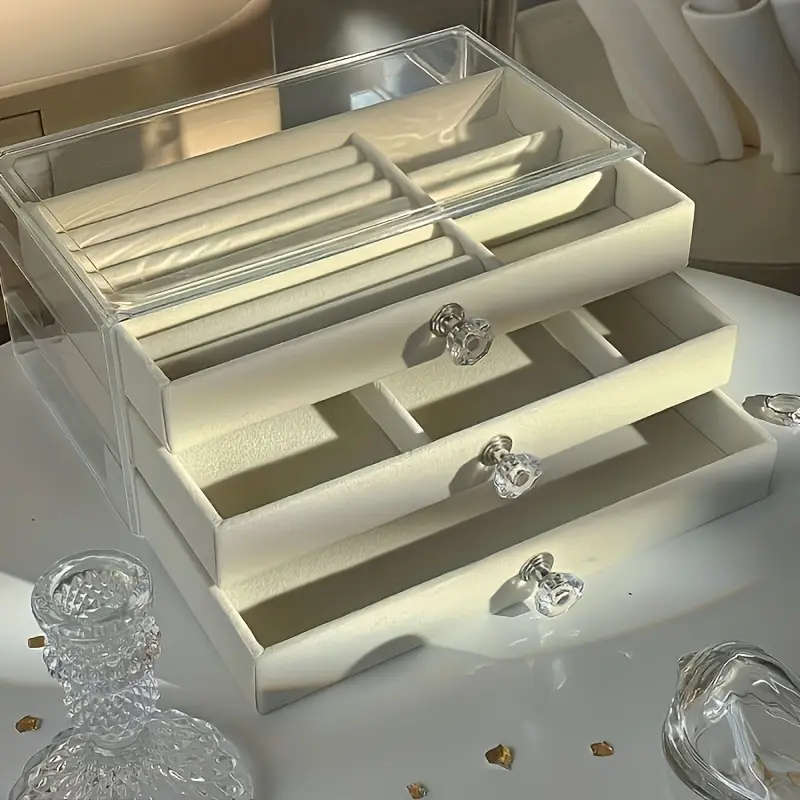 1pc 3-Tier Dust-Proof Acrylic Jewelry Organizer Box Elegant Modern Rectangular Tabletop Display Case