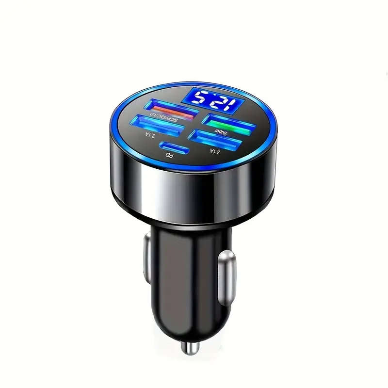 5-Port Car Charger with LED Display - Fast Charging for Multiple Devices, Universal 12-24V Adapter