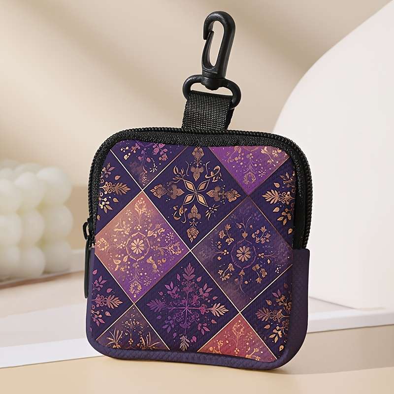 Square Grid Pattern Printed Coin Purse With Buckle And Zipper Pocket Multi-Functional Sto